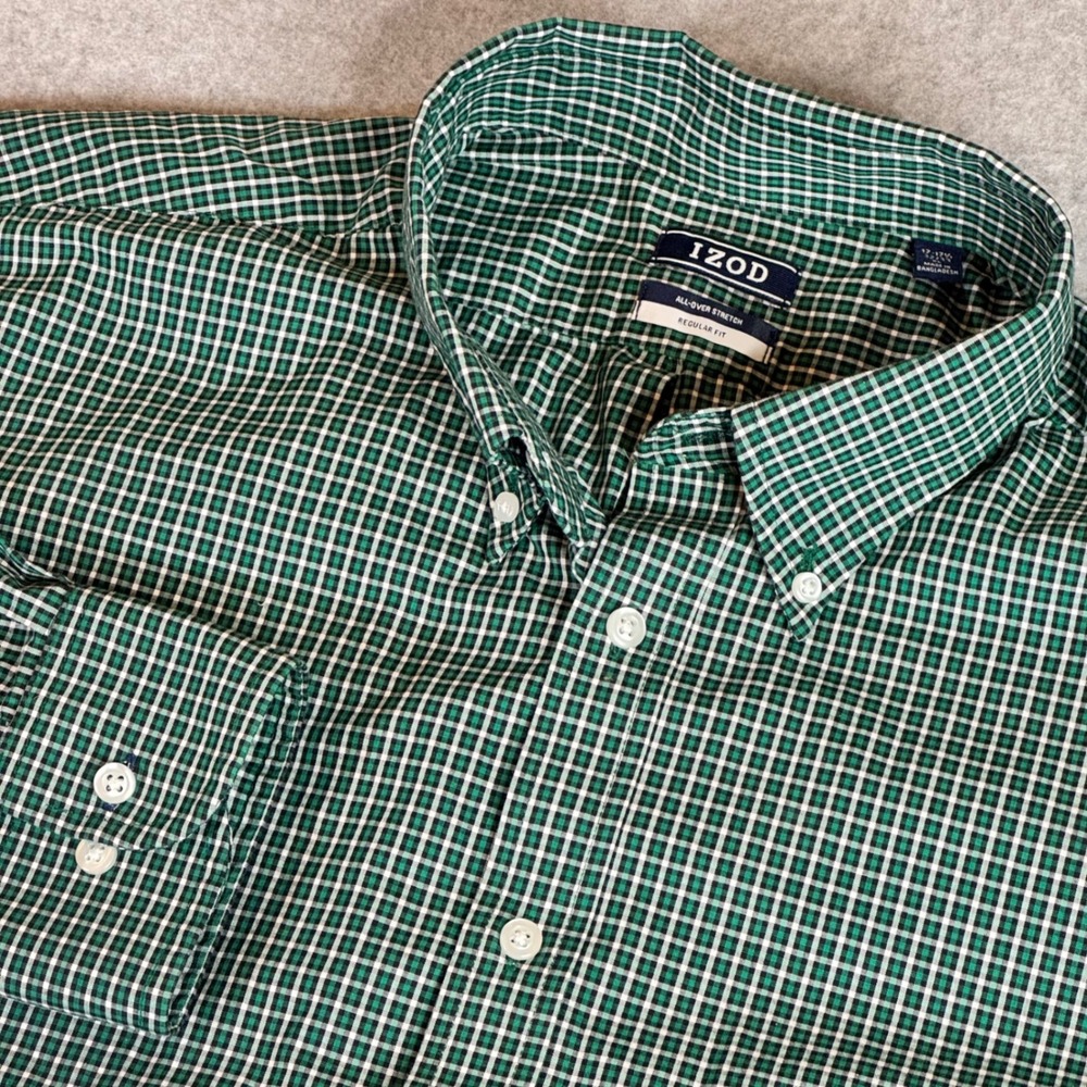 IZOD Mens XL Regular Fit Stretch Gingham Plaid Button Down Shirt Green White